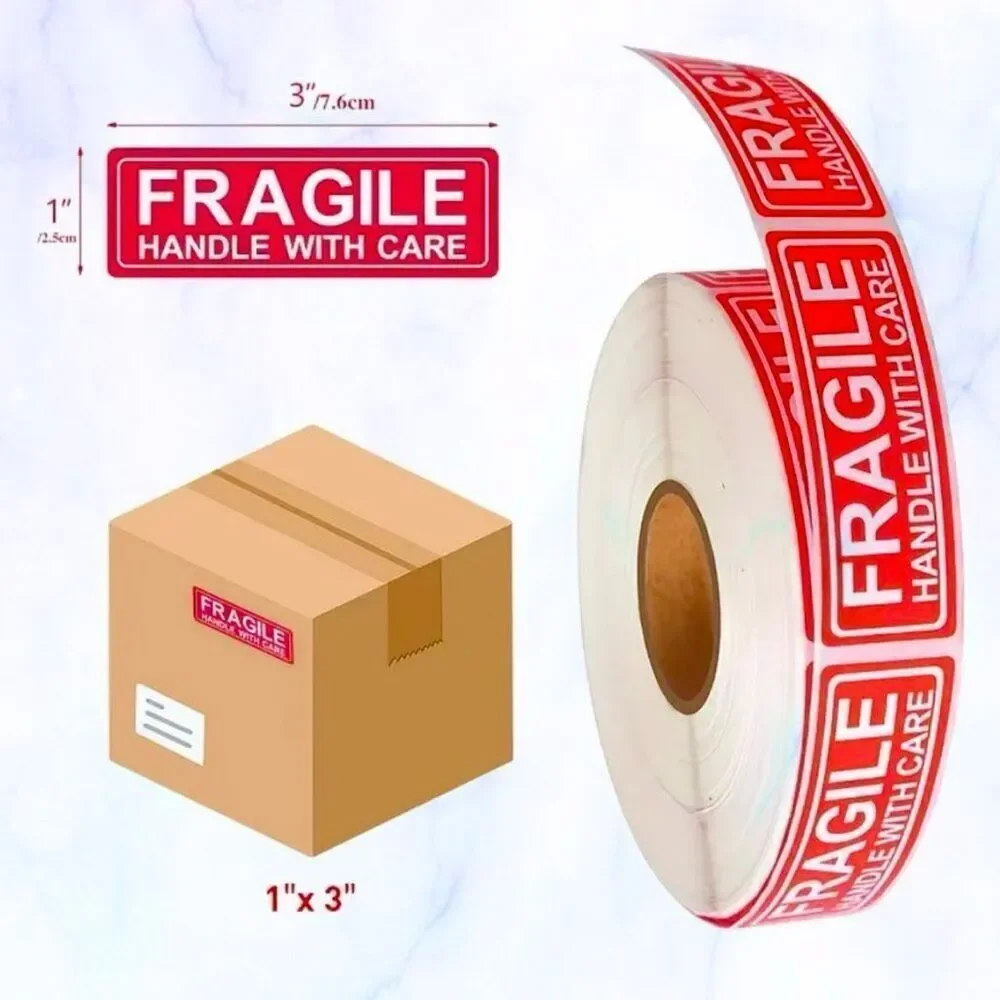 New 750 Pcs. FRAGILE HANDLE WITH CARE Red Stickers 5 Rolls with 150 each 3”x1”
